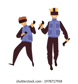 Two character boys with vr devices playing in video games using computer technologies. Simulations of virtual augmented reality. Modern entertainment. Vector isolated illustration.