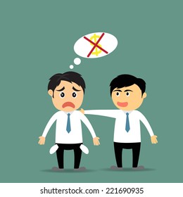 Two character businessman cartoon in no budget and happy success vector illustration.
