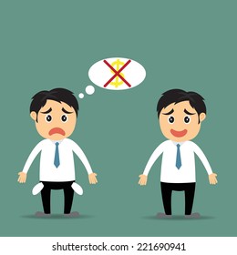 Two character businessman cartoon in no budget and happy success vector illustration.