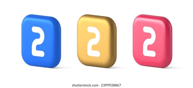Two character button numeral cyberspace calculation service 3d realistic blue gold and pink icons. Second number financial business emblem keyboard panel communication