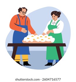 Two character making break on easter, flat illustration 