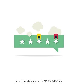Two character people give five-star feedback. Vector customer review concept. Star review with good and bad rating and text.