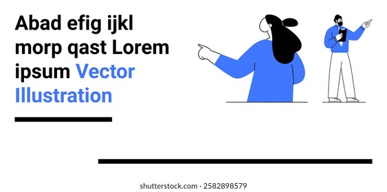 Two characters in blue attire are engaged in discussion against a minimalistic background. Ideal for business presentations, digital marketing, teamwork, communication, and education. Banner