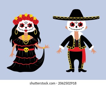 Two characters, boy and girl, wearing carnival costumes for traditional Mexican holiday Dia de los Muertos (Day of the Dead) with sugar scull makeup. Vector illustration in chibi style