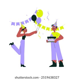 Dois personagens celebrando um aniversário com balões, bolo e decorações festivas. Um segura balões, o outro, um bolo. Ilustração de vetor plano, isolada sobre fundo branco.