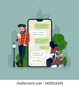 Two characters chatting via smartphone app. Flat vector illustration on texting, online communication. Social media concept illustration with cacucasian man and african woman interchanging messages Two characters chatting via smartphone app. Flat vector illustration on texting, online communication. Social media concept illustration with cacucasian man and african woman interchanging messages