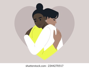 Dos personajes se unen en un abrazo cálido enmarcado con una forma cardíaca, un gesto de amor profundo y afecto mutuo