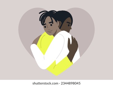 Dos personajes se unen en un abrazo cálido enmarcado con una forma cardíaca, un gesto de amor profundo y afecto mutuo