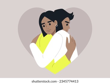 Two characters come together in a warm embrace framed with a heart shape, a gesture of deep love and affection for each other
