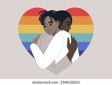Dos personajes se unen en un abrazo cálido enmarcado con una forma cardíaca en colores arcoiris, un gesto de profundo amor y afecto entre sí