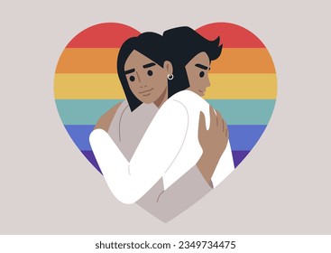 Two characters come together in a warm embrace framed with a heart shape in rainbow colors, a gesture of deep love and affection for each other