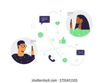 Two characters communicate using online videos, call and messages. Vector illustration, the concept of remote meetings. Afro American and European people. Flat design, isolated on white. 