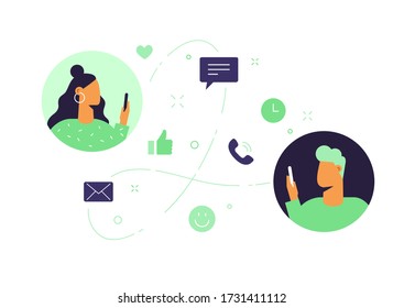 Two characters communicate using online videos and messages. Vector illustration, the concept of remote dating. Circle avatars in flat design, isolated on white. Social icons: call, message, like.
