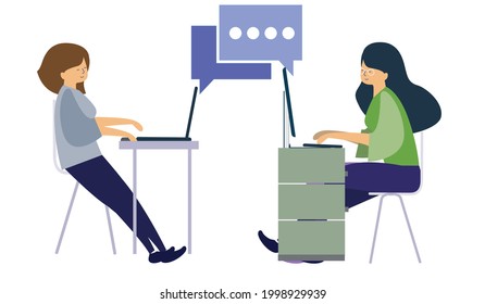 Two characters communicate using online videos and messages. Vector illustration, the concept of remote meetings.  Flat design, isolated on white.