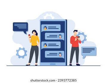 Two characters communicating on an online chatting platform, Texting on mobile phone, communication, Dialog, Internet chatting concept, man and woman connecting together using a smartphone