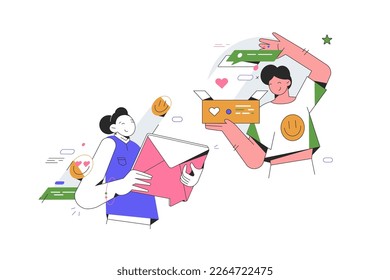 Ilustración del vector de comunicación de dos caracteres. Representación del intercambio de mensajes y correos electrónicos con caracteres sonrientes