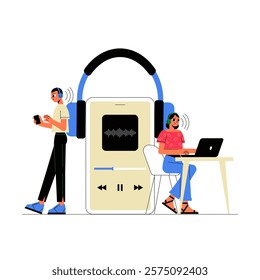 Two Characters Creating A Podcast With Headphones And Giant Smartphone In Flat Vector Illustration Symbolizing Collaboration, Audio Creation, And Digital Media, Isolated On White Background.