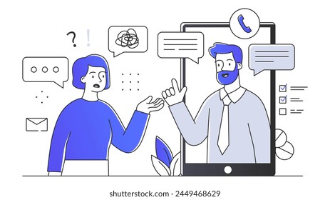 Two characters in a customer service concept, one confused and one assisting, with chat bubbles and a checklist. Line art style flat vector illustration