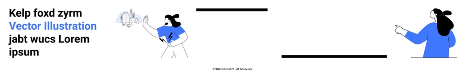Dois caracteres com cabelo escuro e trajes azuis, um segurando um documento e o outro apontando. Texto preto ao lado de caracteres. Linhas horizontais entre elas. Ideal para apresentações, blogs, sites