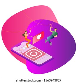 two characters descend on a cable over a smartphone in a cartoon style. concept vector illustration