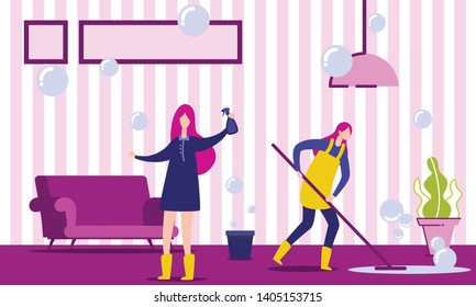 Two Characters Doing Housework. Woman Housekeeper Cleaning Floor in House. Housewife or Cleaning Company Worker Washing Living Room. Cartoon Flat Vector Illustration. Cleaning Service Concept.