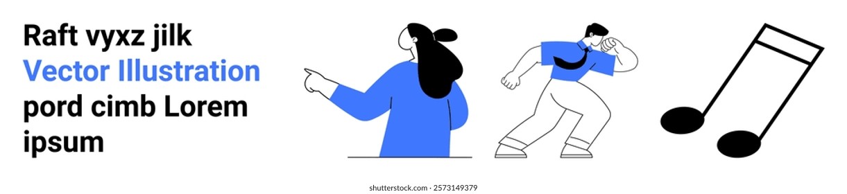 Two characters in dynamic poses appear to be dancing alongside a prominent musical note. Ideal for creativity, music, dance, modern design, youthful energy. Banner for landing page