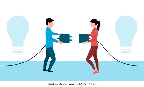 two characters with electric plug and wire with bulb, startup business character vector illustration on white background. 