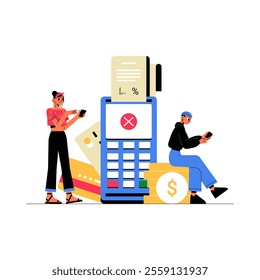 Two Characters Experiencing Payment Failure Notification On Large Payment Terminal In Flat Vector Illustration Symbolizing Financial Issues, Digital Payments, And Payment Error.