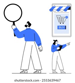 Two characters explore online shopping. One holds a magnifying glass, the other a tablet, pointing at a large mobile screen with a buy button and shopping cart. Ideal for e-commerce, technology
