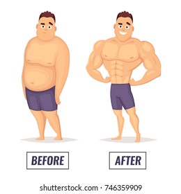 Two characters fat and muscular man. Visualization of loss weight. Male muscular body and health, overweight man. Vector illustration