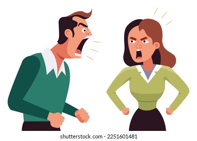 two characters are fighting. husband and wife yell at each other. disrespect for people. flat vector illustration.