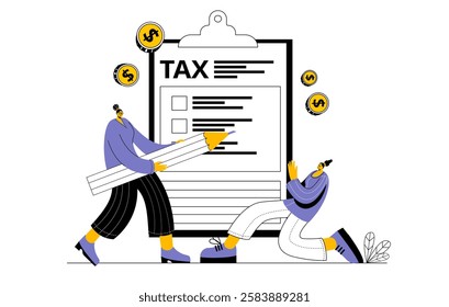 Two characters filling in a tax form. Vector illustration on the topic of taxes and personal finance. Modern vector illustration in a linear style.