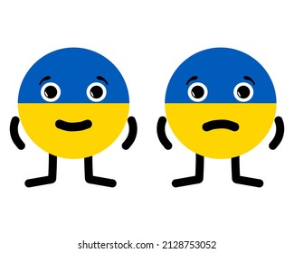 Dos caracteres en forma de bandera nacional ucraniana. El feliz y triste emoticono de caricatura es representado como Ucrania. Los emojis escuetos se enfrentan a simbolizar la situación en el país durante las operaciones militares