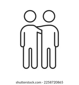 Two characters friends with arms around shoulder of eachother. Vector thin line icon illustration for concepts of friendship, unity, partnership and teamwork