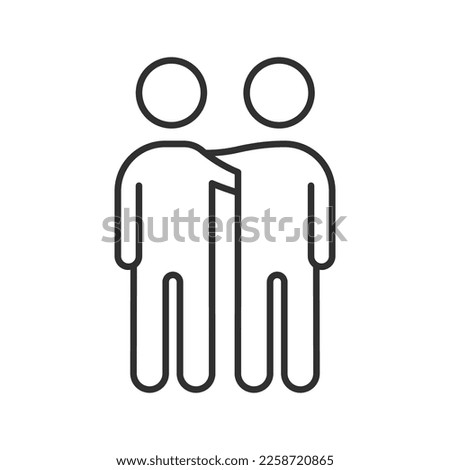 Two characters friends with arms around shoulder of eachother. Vector thin line icon illustration for concepts of friendship, unity, partnership and teamwork