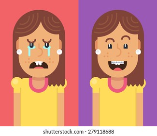 Two characters: a girl with crooked teeth crying, and girl with braces on teeth laughing with happiness. Fully editable vector illustration of a flat style.