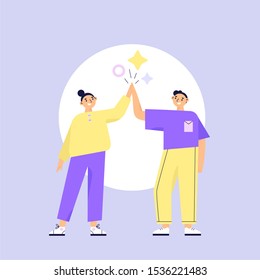 Two characters giving a high five for great work. Friendship, team work achievement, hand slapping. Flat vector illustration.