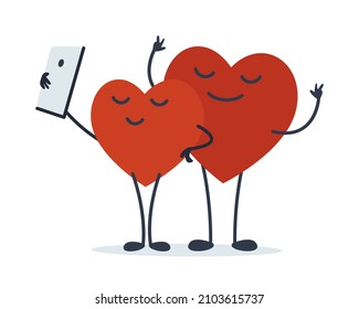 
Two characters of hearts for the festive Valentine's Day take selfies and shoot videos. Flat vector illustration