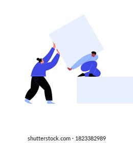Dos caracteres con una página en blanco. Ilustración plana de un hombre y una mujer con papel cuadrado blanco. Plantilla para su contenido.