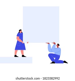 Dos caracteres con una página en blanco. Ilustración plana de un hombre y una mujer con papel cuadrado blanco. Plantilla para su contenido.