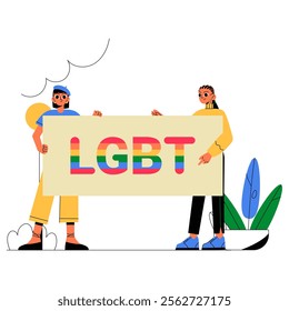 Two Characters Holding LGBT Banner With Rainbow Colors In Flat Vector Illustration Symbolizing Pride, Unity, And Equality, Isolated On White Background.