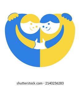 dos personajes se abrazan en el fondo de la bandera ucraniana. Símbolo de amor y paz
