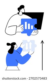 Two characters interact with puzzle pieces featuring graphs and arrows. Ideal for teamwork, innovation, strategy, growth, collaboration, problem-solving, analysis. Line metaphor