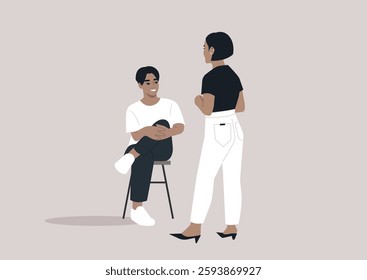 Two characters interact in a visually captivating moment, with one person seated on a chair and the other standing nearby, Their expressions convey engagement and interest