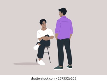 Two characters interact in a visually captivating moment, with one person seated on a chair and the other standing nearby, Their expressions convey engagement and interest