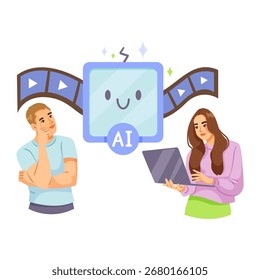 Dois personagens interagindo com a ferramenta de edição de vídeo AI, estilo de desenho animado em fundo branco. Conceito de inteligência artificial em mídia. Ilustração vetorial