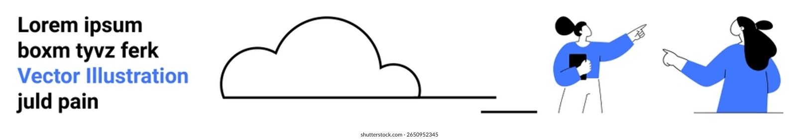 Two characters interacting, one holding a document while the other points, accompanied by placeholder text and a simple cloud graphic. Ideal for websites, presentations, marketing materials