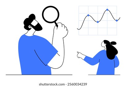 Two characters interacting, one holds a magnifying glass, the other points to a graph with data points. Ideal for data analysis, business reports, teamwork, presentations, research, education. Simple