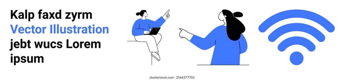 Two characters interacting, one with a laptop, the other pointing, and a large blue wireless symbol. Ideal for technology, connectivity, remote work, internet services, digital communication. Landing