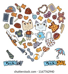 Two characters: kitty girl and kitty boy. Accessories. Vector illustration in the shape of a heart.